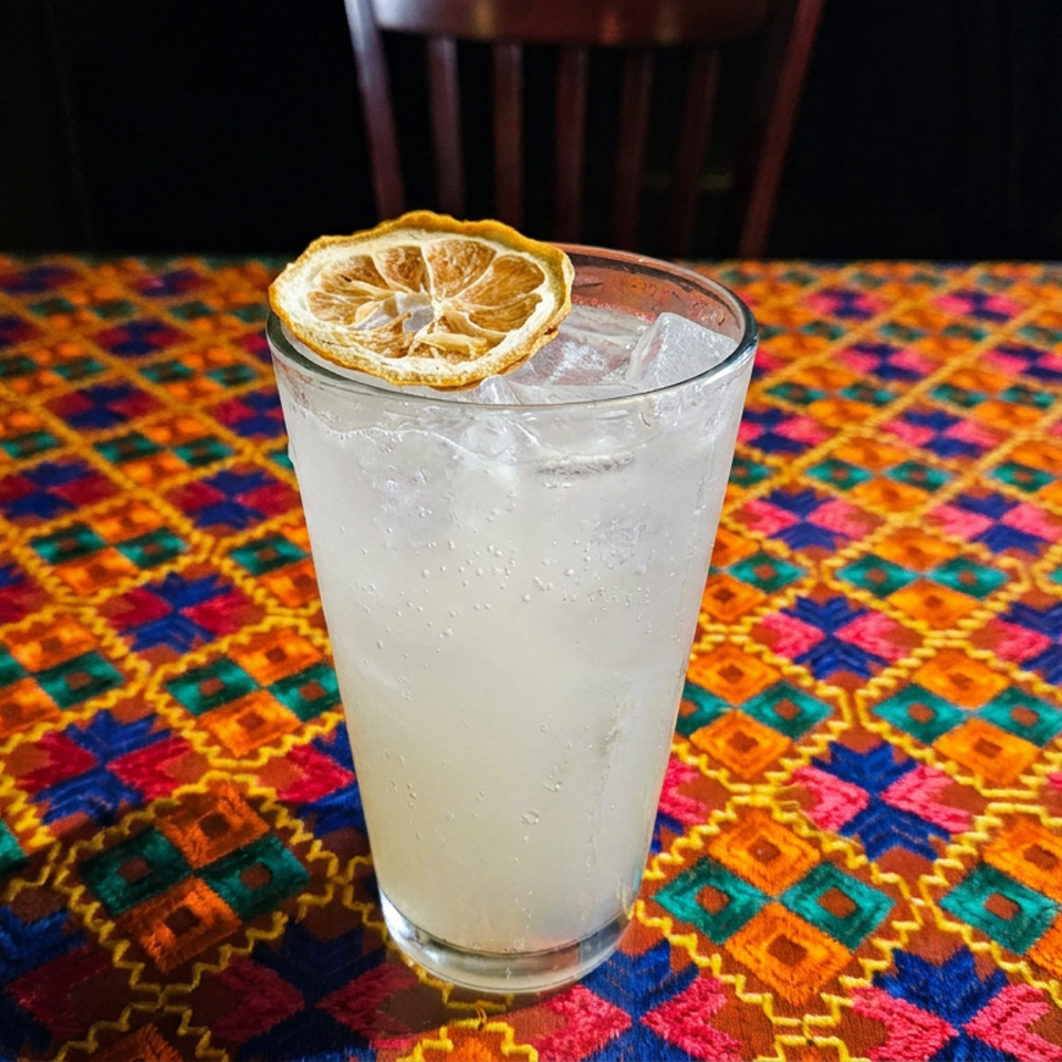 Iced sparkling citrus drink garnished with a dried lemon slice, resting on a colorful patterned tablecloth.