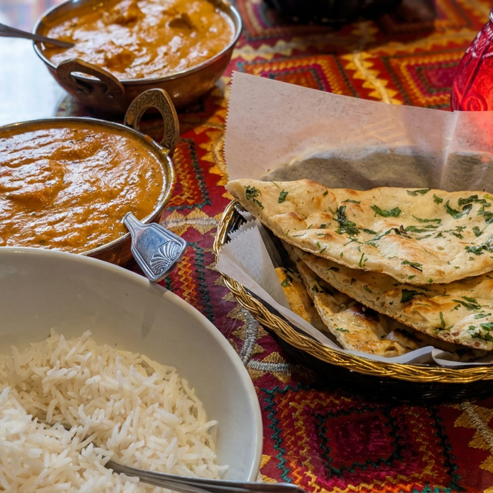 Indian meal with basmati rice, creamy curries, garlic naan, and a glowing red candle on a colorful patterned tablecloth.