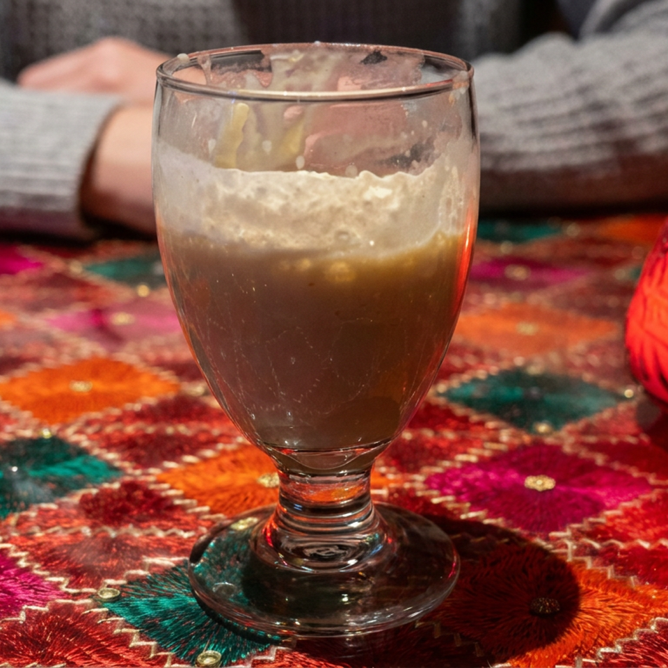 Brown dessert drink topped with cream in a stemmed glass, beside a glowing red candle on a colorful patterned tablecloth.