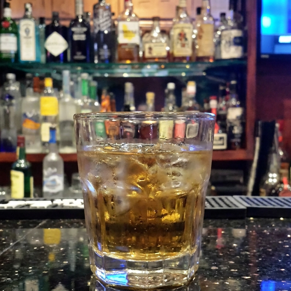 Whiskey with ice in a tumbler sits on a polished bar, backed by shelves of liquor bottles and a television.