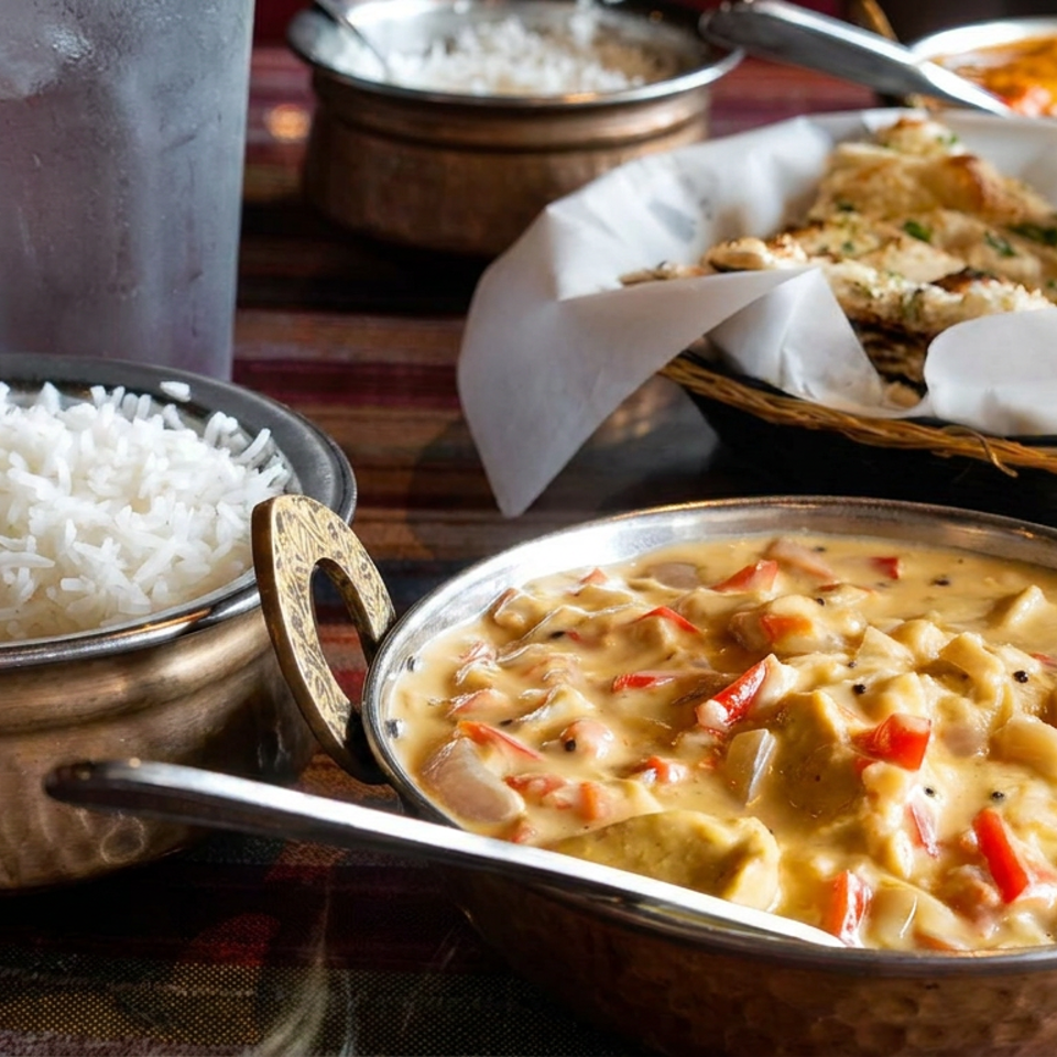 Creamy curry with red peppers, steamed rice, flatbread, and a drink served on a rustic table.