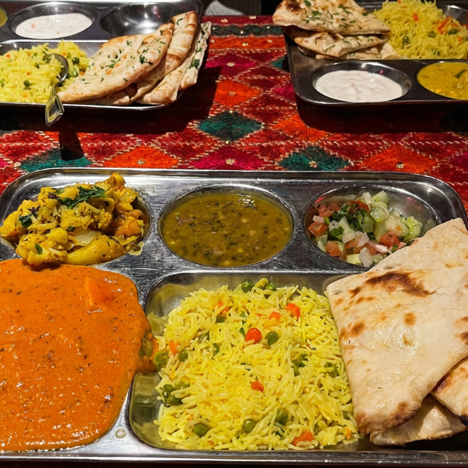 Indian thali platters with curries, vegetable rice, naan, chutneys, and salad on a colorful patterned table beside a glowing red candle.